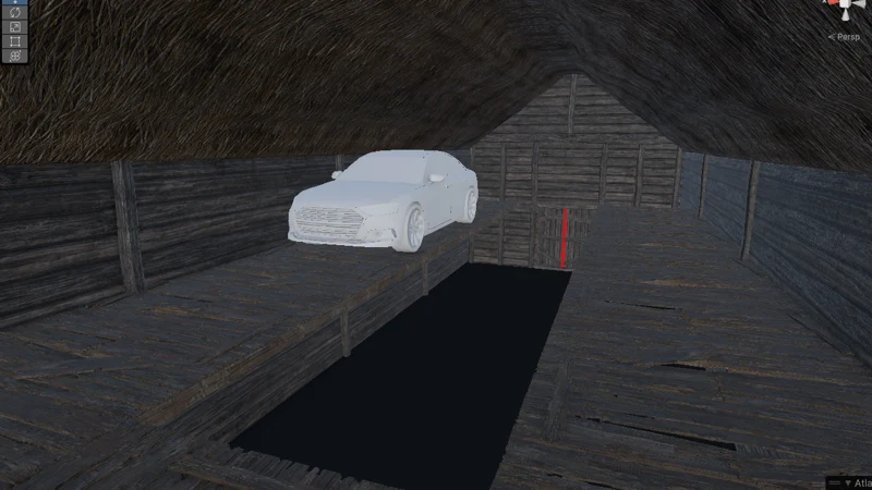 Inside the barn, a white placeholder car parked to check that it fits