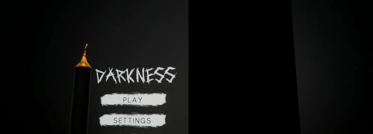 The main menu of Darkness: a lit candle beside the title and the Play, Settings and Quit buttons on black