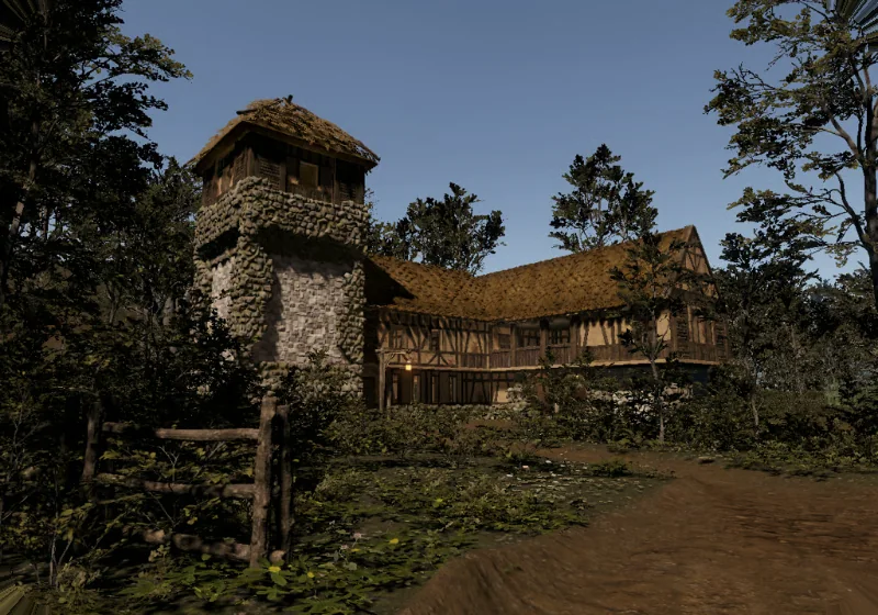 The estate by day: a stone tower and a timber-framed house behind a wooden fence, among trees