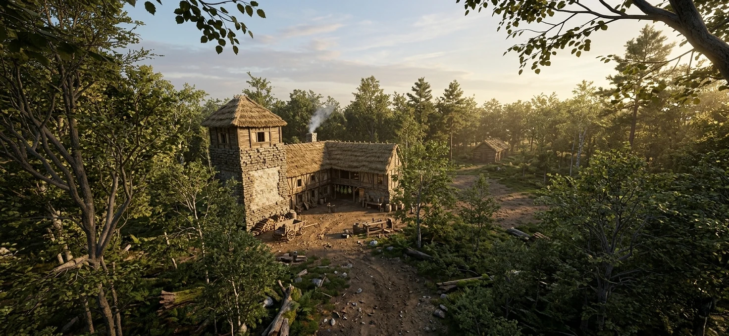 An AI-enhanced aerial view of the estate at sunset: a stone tower and a thatched timber-framed house among trees, with a cabin behind