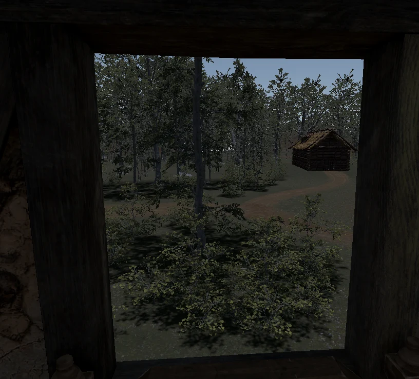 The view through a dark window frame: bushes, a dirt path and a wooden cabin among the trees