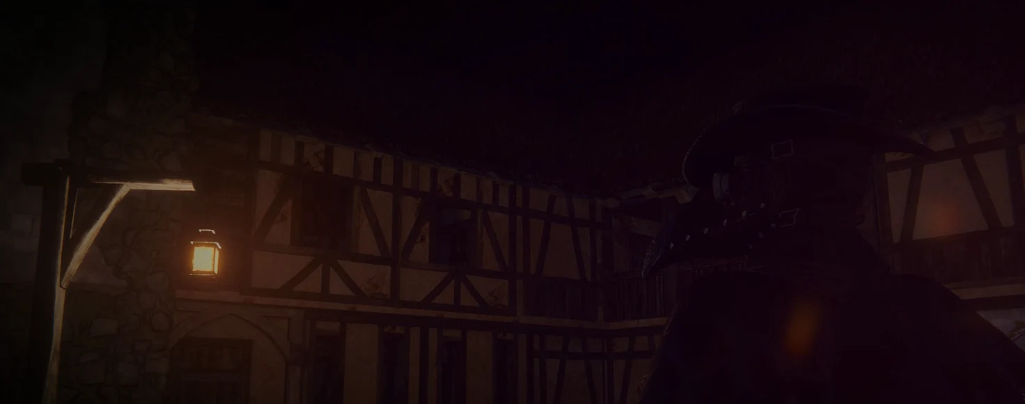 Night in the courtyard: a lantern hangs by the timber-framed house and Dr. Hayden's masked profile looms on the right