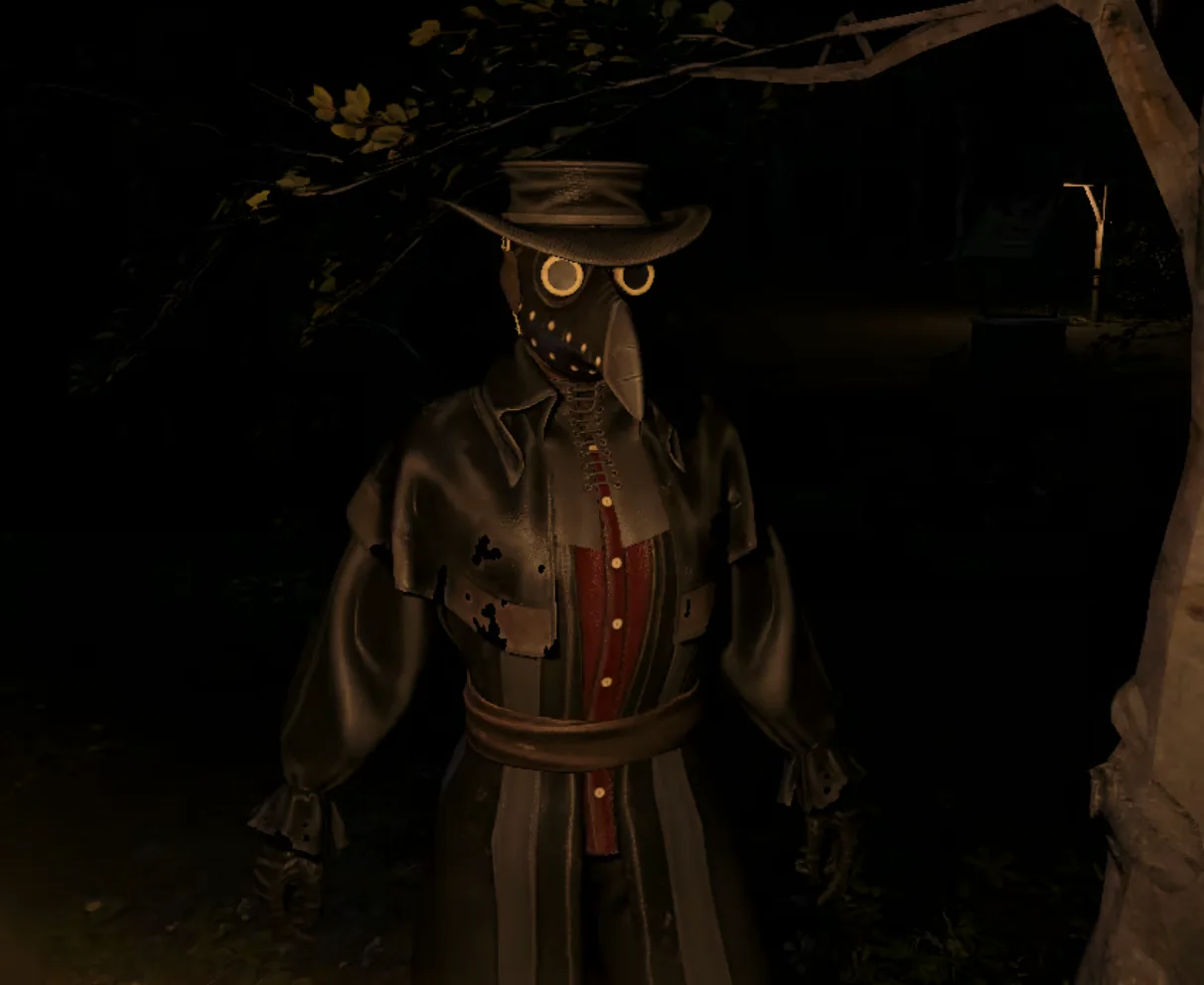 Dr. Hayden in the woods at night: a plague doctor's mask with glowing eyes, a wide hat and a long coat