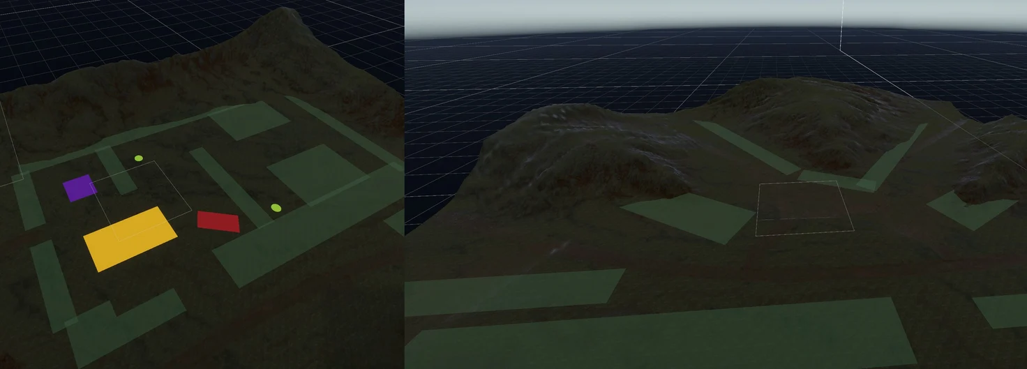 The second map in the editor: colored blocks for the house, the barn and the paths on a much smaller terrain, from above and from the side