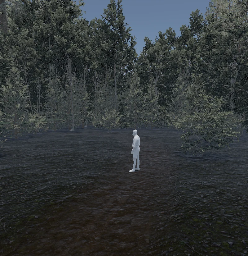 A grey test figure standing in a clearing among the dense trees