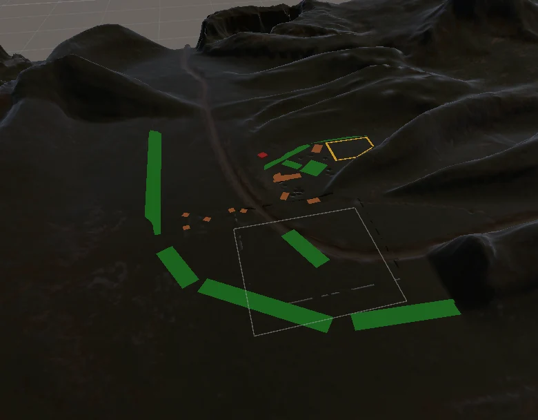 A closer look at the first map: green and orange blocks marking where buildings and paths would go