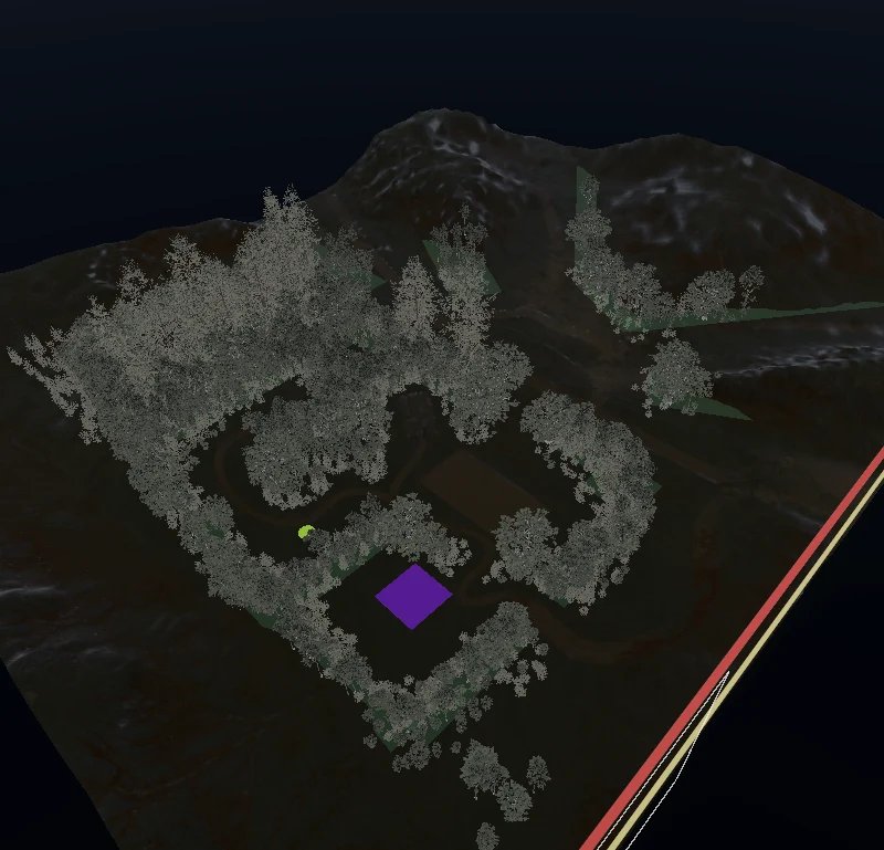 The same pass from above: dense, scattered trees all over the map around the purple block of the house