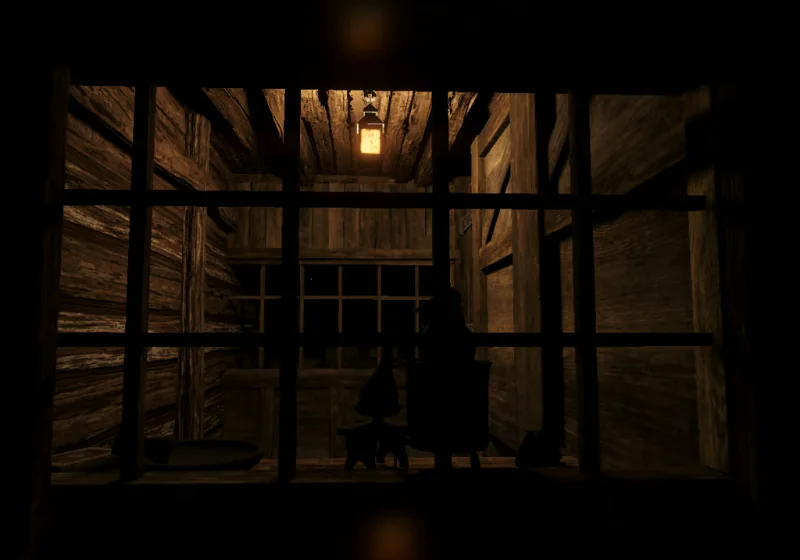 A room seen through a barred window at night, lit by a single lantern, with a dark figure inside