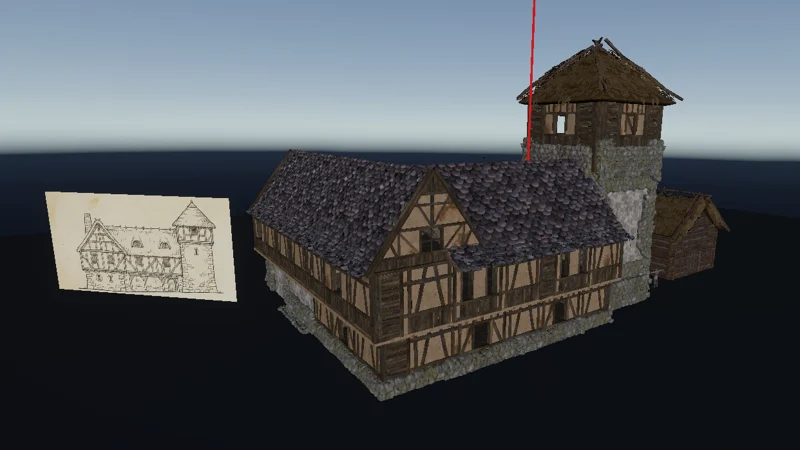 The final house next to its concept sketch: a timber-framed house with a stone tower