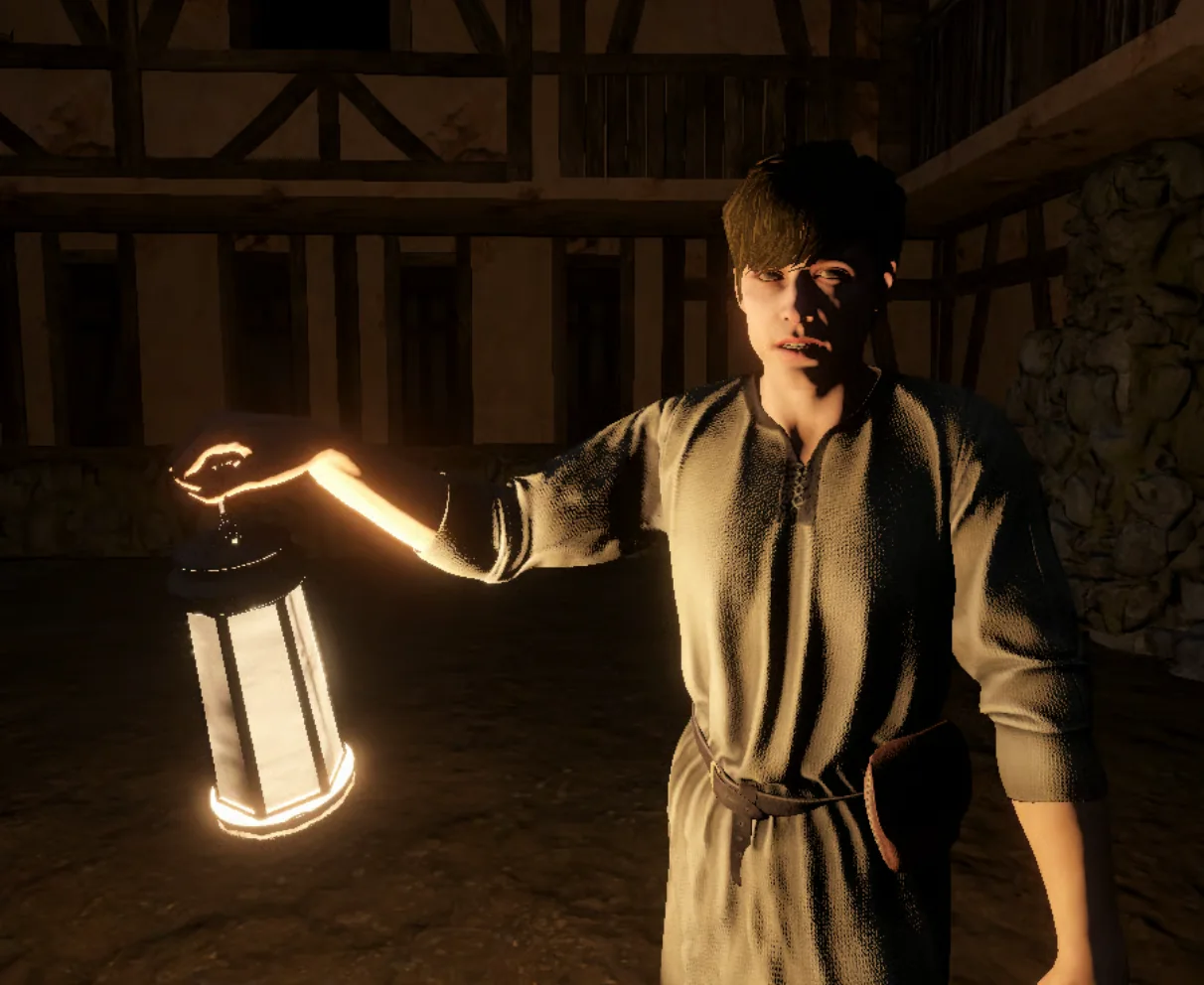 The player character, a young man in a plain tunic, holding up a lit lantern in a courtyard