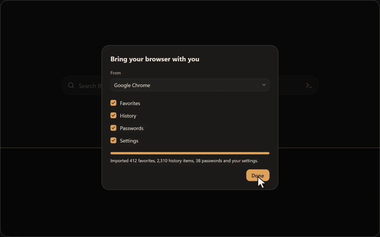 Horizon imports favorites, enables dark mode, adds an extension and asks Lyra to read a page with permission.