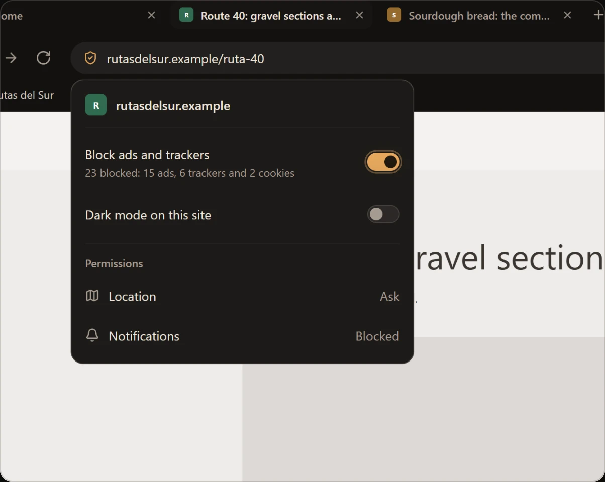 Horizon blocks ads and trackers, then switches to a separate Work profile.