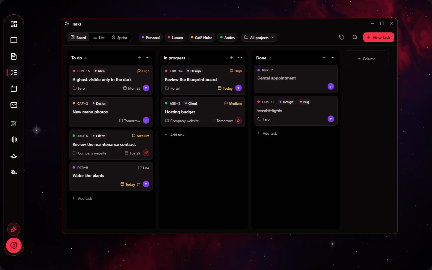 Kanban tasks for the invented Lumen studio in three columns.
