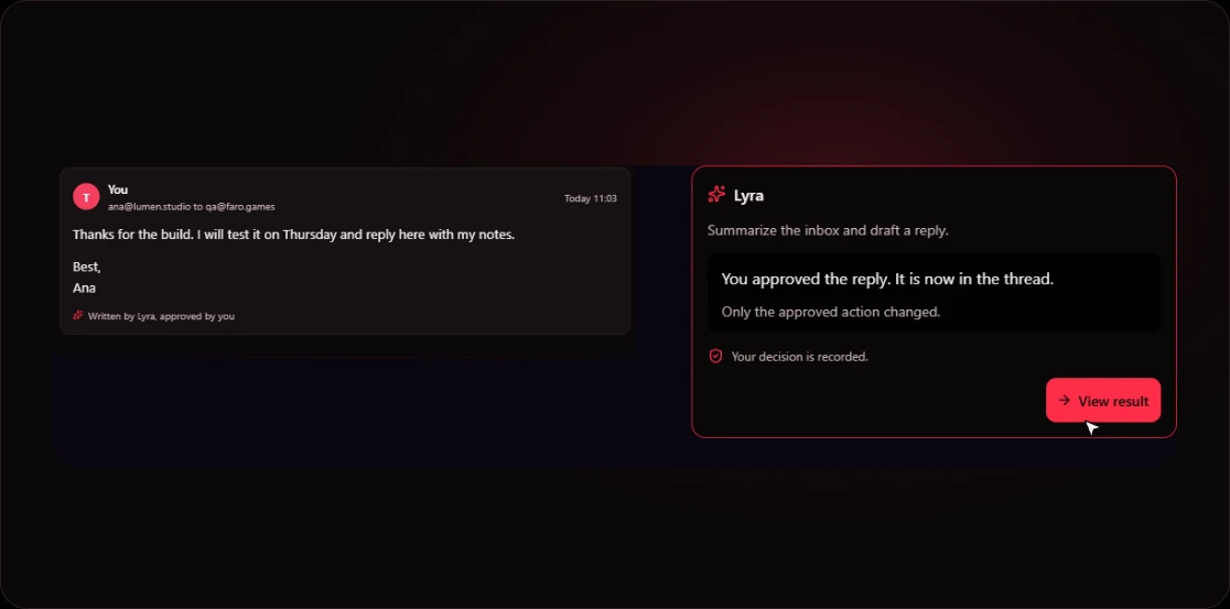 Lyra asks for approval before sending a reply, moving an event, creating tasks, reading a page or changing a charge.