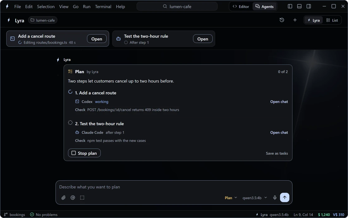 Lyra drafts a plan, Codex and Claude Code run its steps and the review opens in Nova.