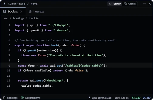 Nova's editor showing the fictional Lumen Café booking project.