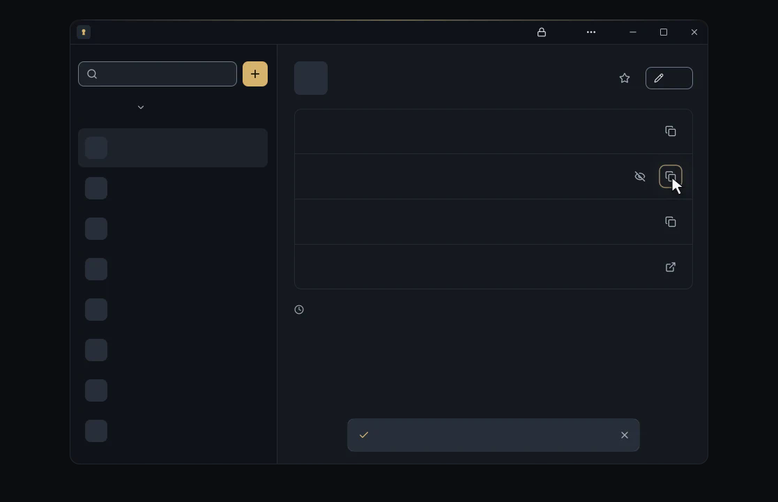 Vault unlocks, reveals and copies a password, then locks again.